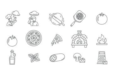 Line art icons depicting various elements of italian cuisine and culture including food and landmarks © graphixarrow