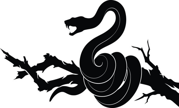 Black snake silhouette coiled on tree branch, venomous viper, dangerous reptile animal vector illustration, wild predator nature graphic design art