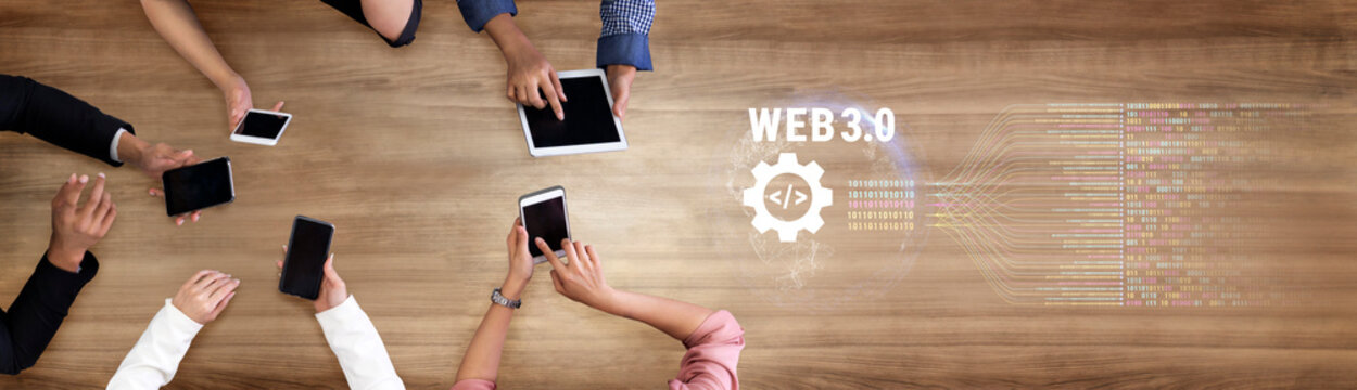 The concept of Web 3.0 development and decentralized data processing. The flow of binary code and information in the next generation internet. Motif