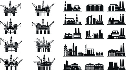 Obraz premium Industrial black silhouette vector icon set featuring offshore oil drilling rigs, petroleum platforms, manufacturing factories, chemical processing plants, and heavy refinery production buildings.