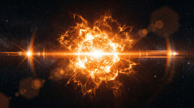 A massive explosion occurs in outer space with orange light
