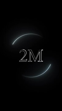 Logo animation with glowing crescent arcs. Logo two million digital indicator. Logo digital achievement graphic on black background.