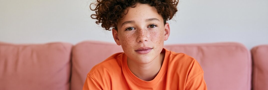 Curly haired boy with freckles in orange shirt on pink sofa for children portrait and lifestyle background