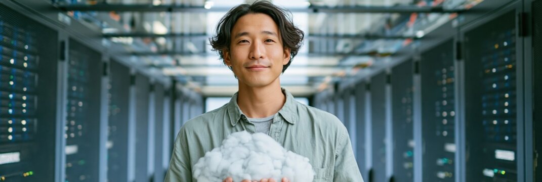 Young man holding cloud model in server room for cloud computing background and it banner design