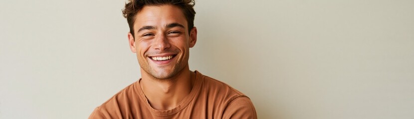 Obraz premium Smiling young man portrait in brown shirt for lifestyle banner and website background with neutral studio setting
