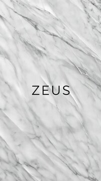 White marble background with subtle texture and soft shadows, elegant thin black typography centered reading &ldquo;ZEUS&rdquo;, minimal luxury design, clean and sophisticated aesthetic.