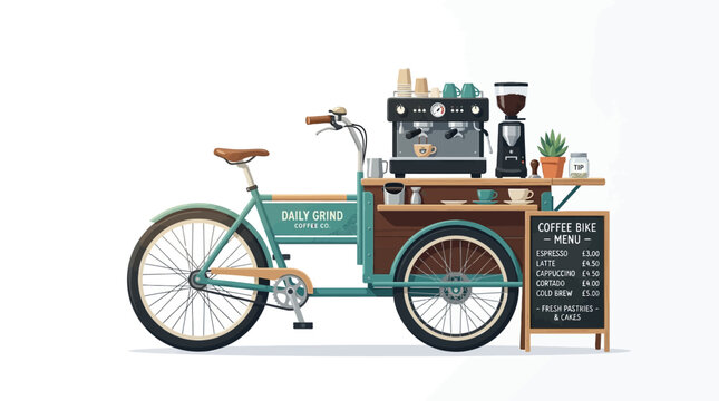 Coffee Bike Cart with Espresso Machine and Menu Board on White Background