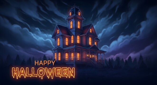 Spooky haunted house mansion at night with glowing windows and neon happy halloween text sign under dark cloudy sky