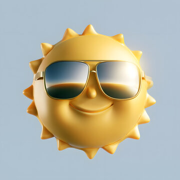 3D PNG image of a yellow sun emoji in sunglasses, isolated and suitable for cutting