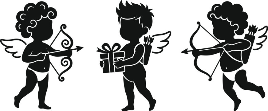 Valentine Day cupid silhouette vector collection featuring romantic angel characters with bow and arrow, holding gift box, flying cherub graphics for love design.