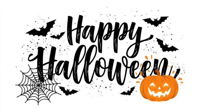 Happy Halloween Typography Design With Pumpkin and Bat Elements