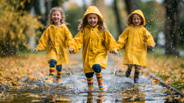 Happy Children Running Through Rain Puddles on Autumn Day