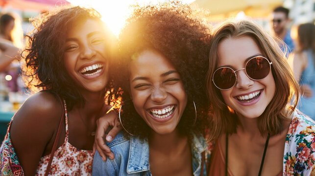 Stylish Young Women Enjoying Summer Party and Friendship Outdoors