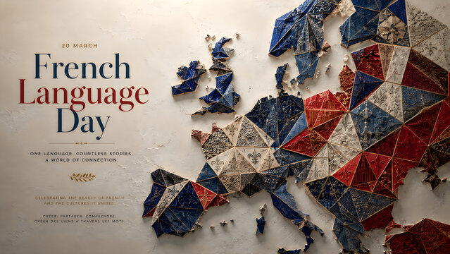 French language celebration banner with flag colors and decorative elements on paper background