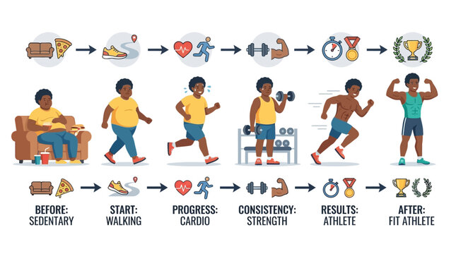 Athlete demonstrates the step by step process of physical transformation from sedentary habits to fitness.