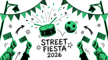 Fototapeta premium Football halftone art collage set. Soccer world cup street fiesta stickers with bunting flags, drum, ball, and party hands. Modern retro grunge mixed media doodles.