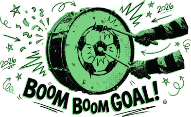 Football halftone collage set. Soccer world cup goal stickers with exploding ball, boom burst, motion lines, and 2026 tag. Modern retro grunge mixed media doodles. © Pixel_Forge