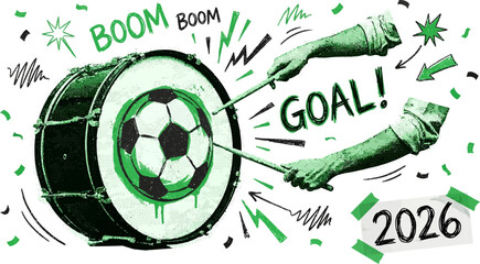 Football halftone art collage set. Soccer world cup goal stickers with exploding ball, boom burst, motion lines, and 2026 tag. Modern retro grunge mixed media doodles. © Pixel_Forge