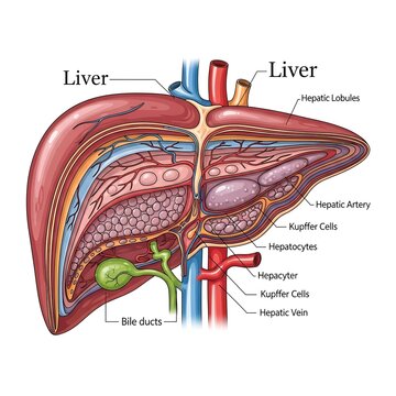 Detailed anatomical diagram of the human liver structure.
