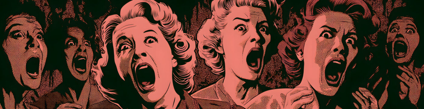 Vintage vector design elements depicting women screaming in fear from the 1950s, perfect for Halloween and grunge aesthetics