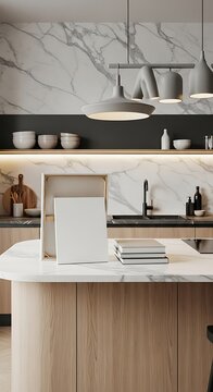 Modern kitchen interior, marble backsplash, wooden island, contemporary design, home decor