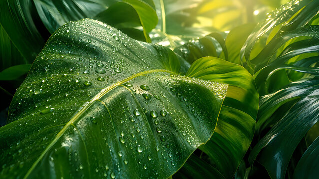 Dew drops on green leaf in natural sunlight with fresh morning moisture