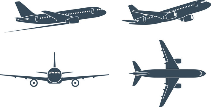 Commercial airplane silhouette vector icon set featuring passenger jet airliner from front top down side and takeoff views