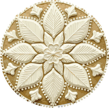 Elegant circular mandala with white floral leaf patterns on a textured golden background for decorative art luxury stationery and interior design