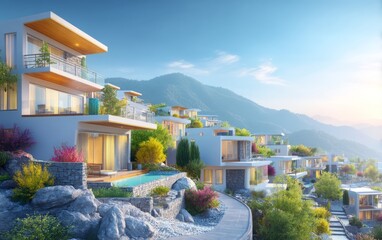 Obraz premium Modern luxury villa with terrace and pool on hillside overlooking mountain view