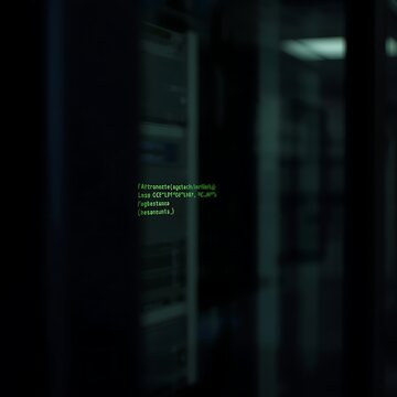 Terminal screen text reflected in server rack glass door &mdash; a layered image evoking command-line access, system administration, and cybersecurity operations.