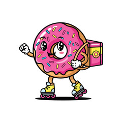Fototapeta premium Cute Cartoon Donut Character Delivering Food on Roller Skates.