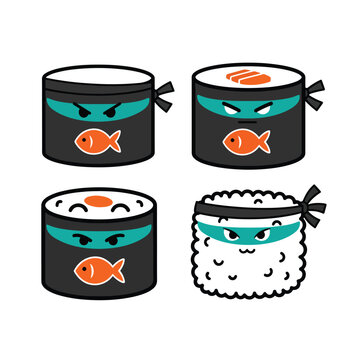 Set of cute cartoon sushi characters dressed as ninjas with fish emblems.