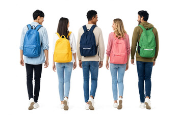 Obraz premium Group of young adults walking with colorful backpacks on white background