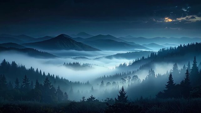 Soft cool toned mist descending through a dark abstract atmosphere with smooth layered motion and glow