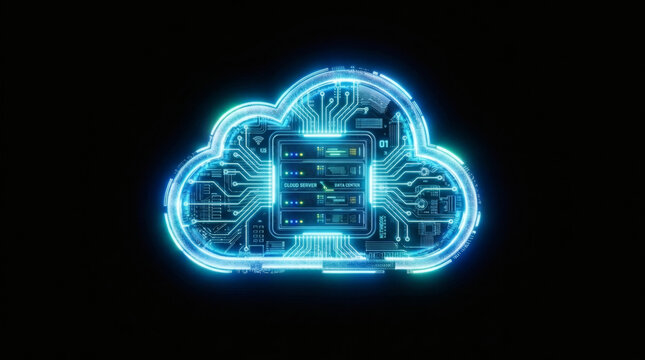Glowing blue cloud with circuit board.