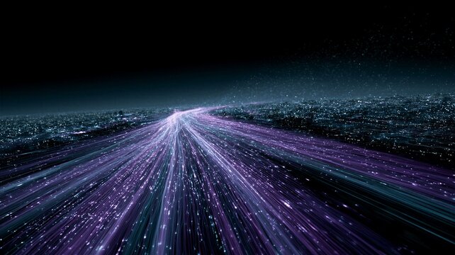 Fast moving purple light trails rushing towards dark horizon in abstract cyber landscape background