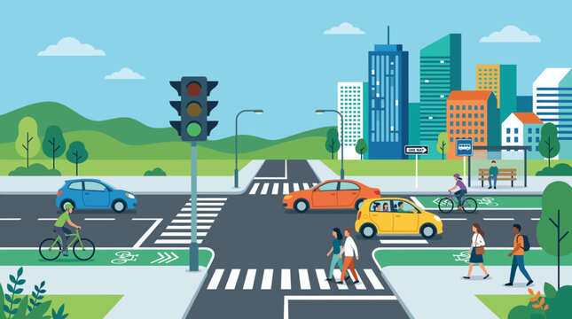 City intersection illustration with traffic, pedestrians, and cyclists.
