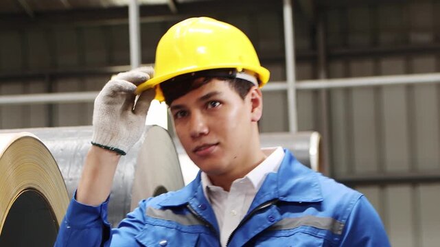 Portrait of male worker with safety clothing and helmet walking to inspect large metal tubes in industrial factory. Tired engineer staff taking off helmet, wiping sweat from his face during working.