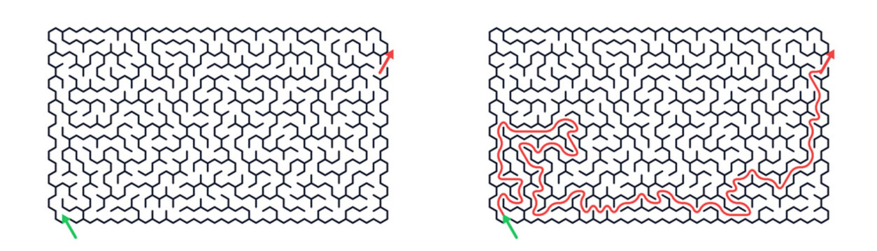 Rectangular illustration of Complex maze path featuring red track and uncompleted version for workbook.