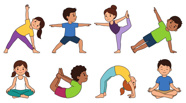 Diverse group of children performing various yoga poses including warrior dancer and bridge poses promoting physical activity and mindfulness kids exercise healthy fitness