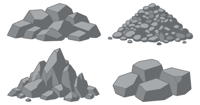 Four distinct piles of gray geometric rocks showing angular and rounded shapes rendered in a flat illustration style stone gravel pebbles mountain geology material natural