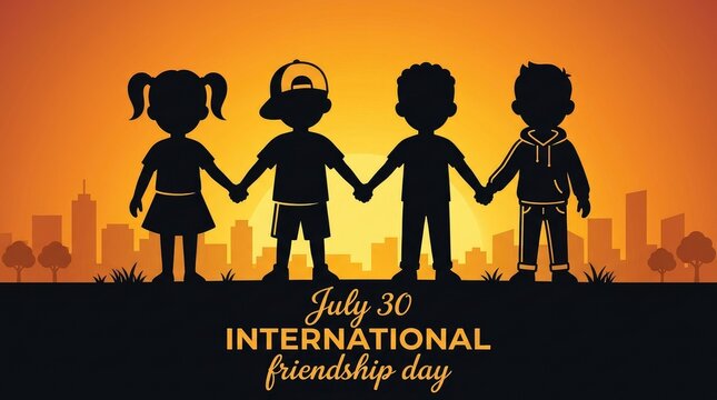 International friendship day illustration with children holding hands in silhouette