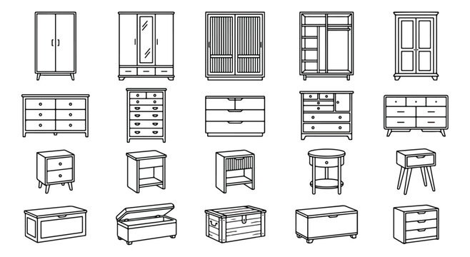Minimalist bedroom furniture icons, 20 linear wardrobe and dresser vectors, storage chest set