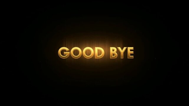Slow zoom in on gold glowing text good bye appearing and brightening on dark background with vignette studio lighting center frame