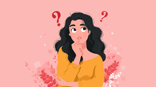 Woman with Questions Pondering on Floral Background