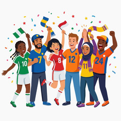 Obraz premium Celebration of Soccer Championship: A diverse group of enthusiastic soccer fans, adorned in colorful jerseys and waving flags, revel in a victory with confetti showering down.