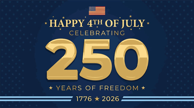 Happy 4th of July 250 Years of Freedom Anniversary Banner 1776 to 2026 USA Independence Day Celebration Vector