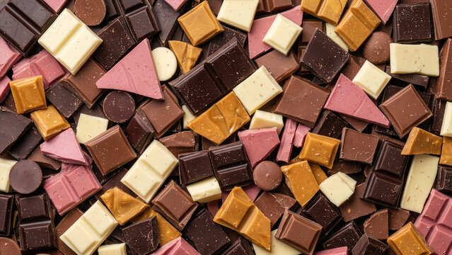 Assorted Broken Chocolate Pieces Background, Mix of Dark Milk White and Ruby Chocolate with Caramel Squares, Top View Full Frame