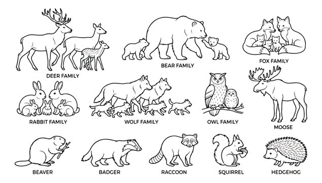 Forest animal family line art icons, woodland wildlife vector set, coloring book page illustrations