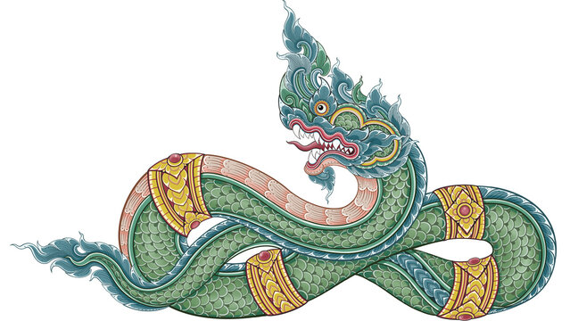 Traditional Thai Green Naga Serpent Illustration 